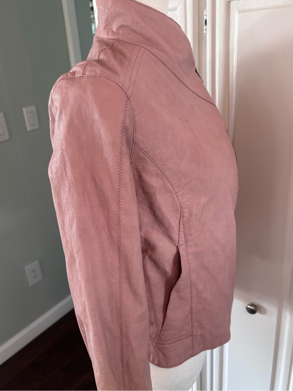 Anthropologie Dusty Rose Asymmetrical Zip Faux Leather Jacket sz S - Picture 7 of 14